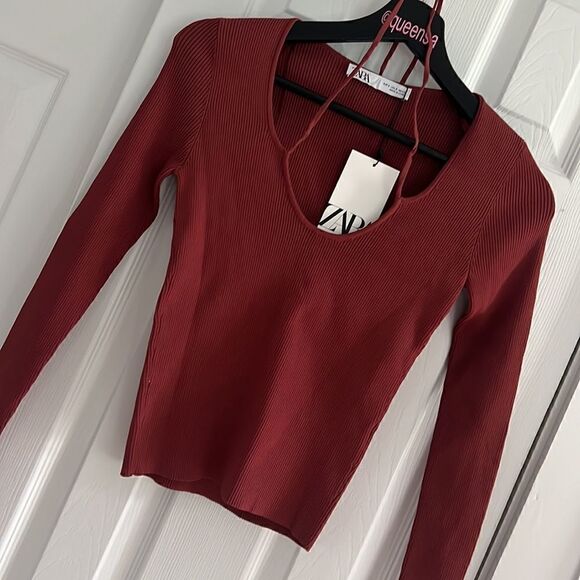 Zara Knit Burgandy Strappy Sweater - Picture 6 of 11
